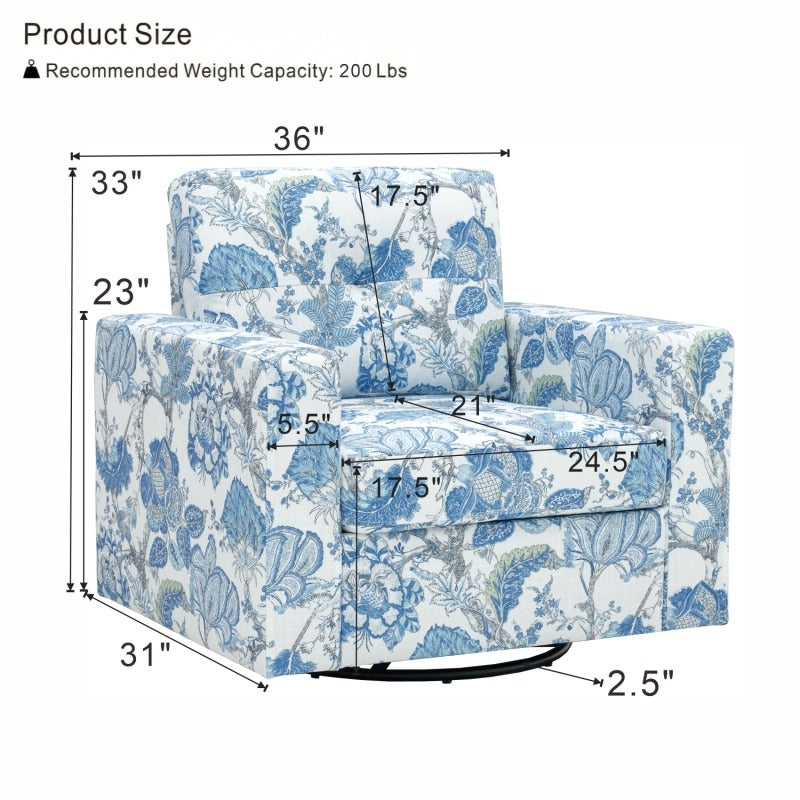 Blue Botanical Swivel Accent Chair — supplier dimension diagram.