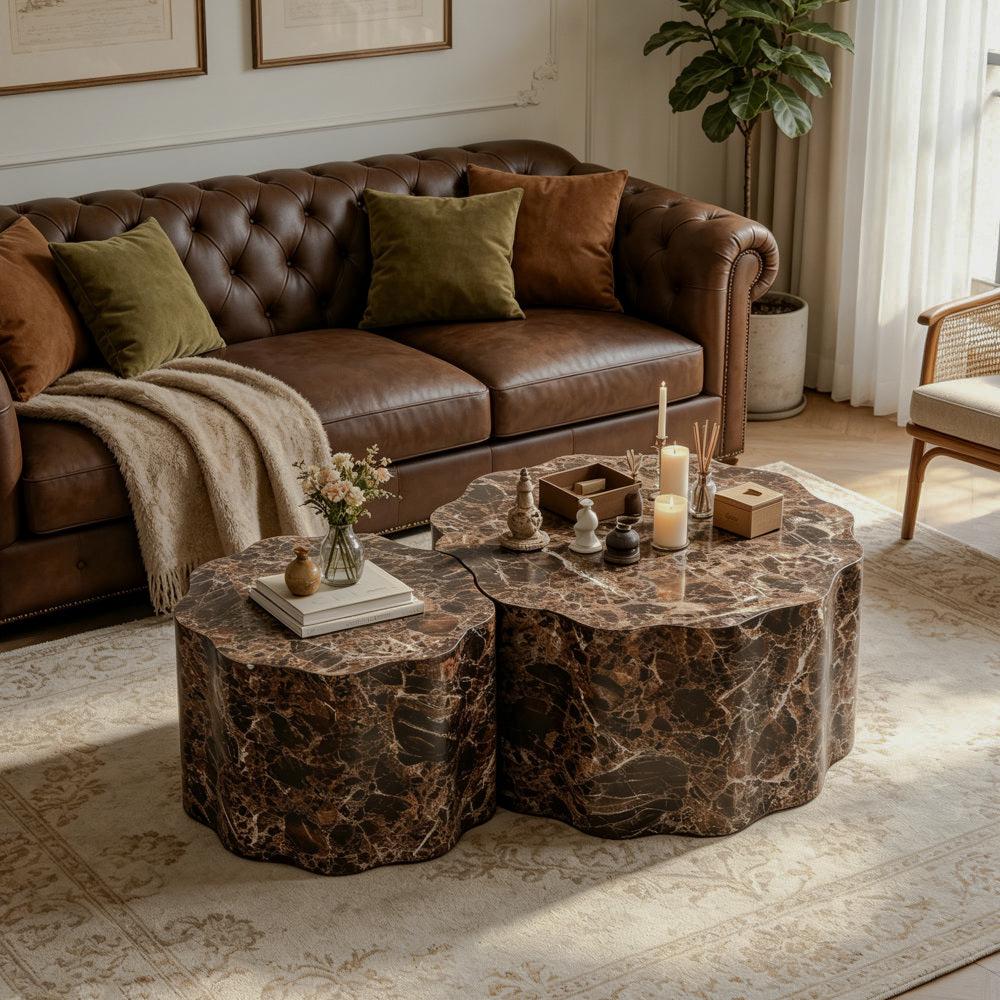 Brown Marble-Look Scalloped Tables, Set of 2
