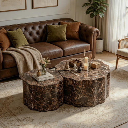 Brown Marble-Look Scalloped Tables, Set of 2