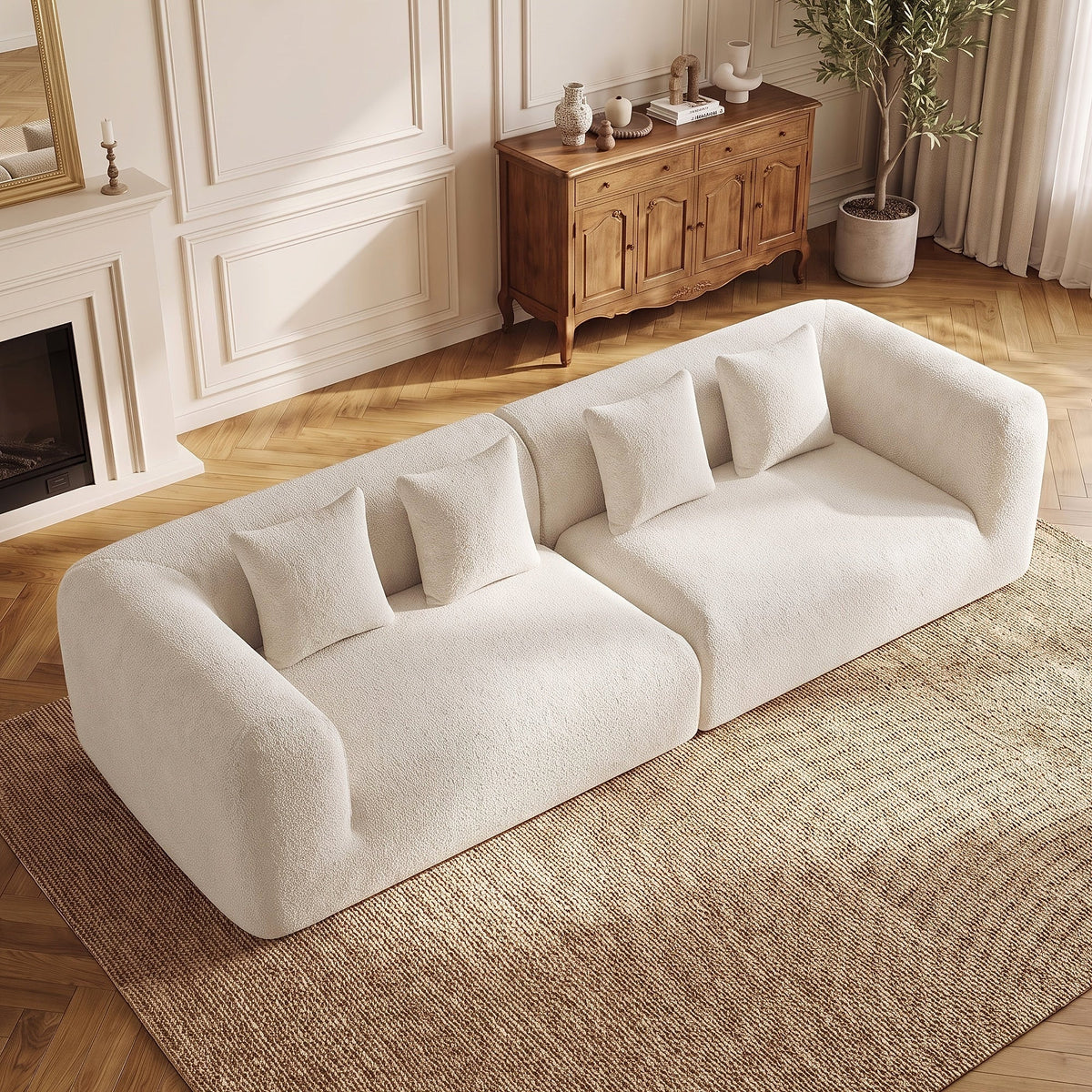 Curved Chenille Modular Sofa in Beige, viewed from above with four coordinating pillows.