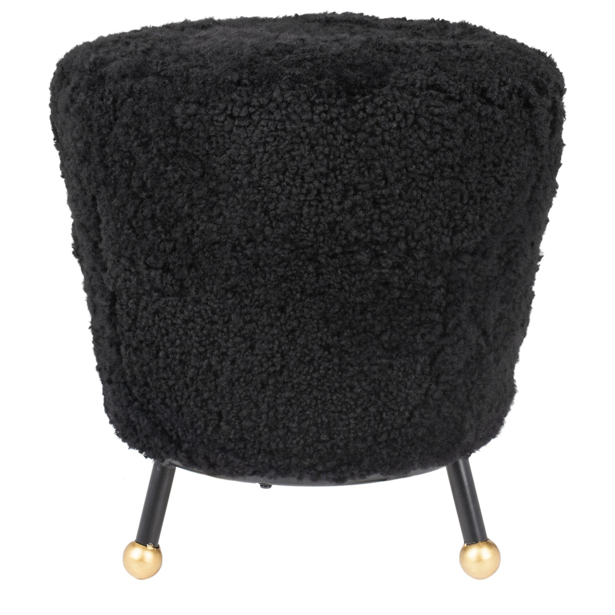 Oriana Black Shag Ottoman — black shag ottoman with gold-tipped legs on white