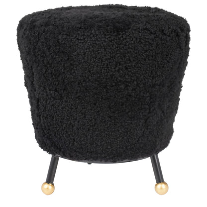 Oriana Black Shag Ottoman — black shag ottoman with gold-tipped legs on white
