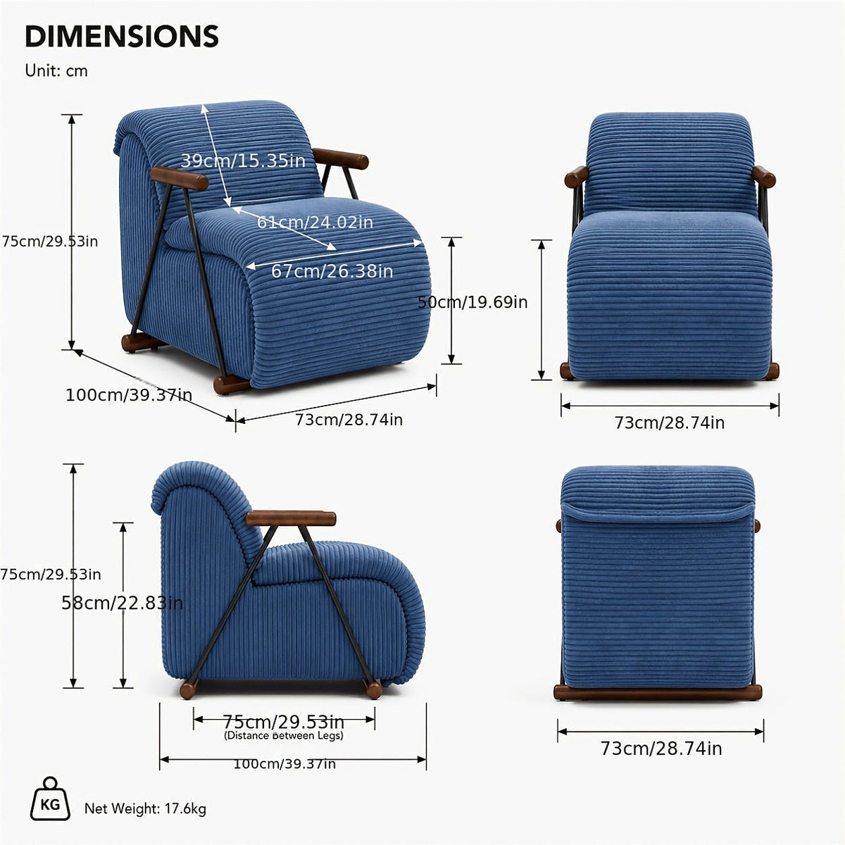 Navy wide corduroy lounge chair with wood arms and a black metal frame — dimension diagram