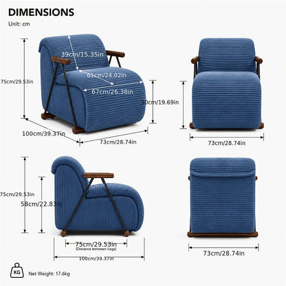 Navy wide corduroy lounge chair with wood arms and a black metal frame — dimension diagram