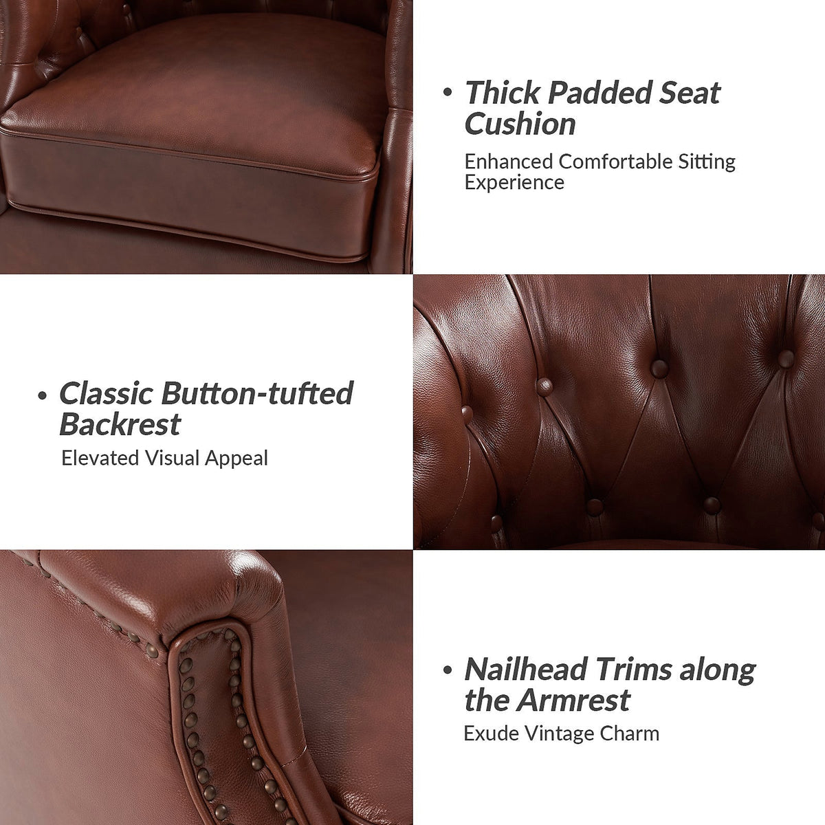 Brown genuine leather Chesterfield swivel rocking armchair with rolled arms