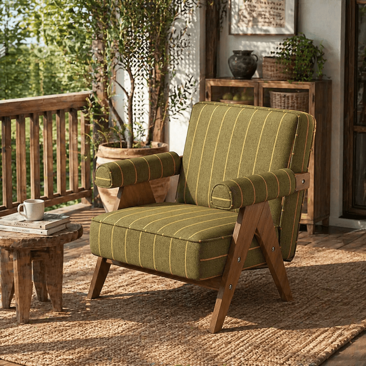 Patterned Accent Chair with Rubberwood Frame — green striped chair beside a window