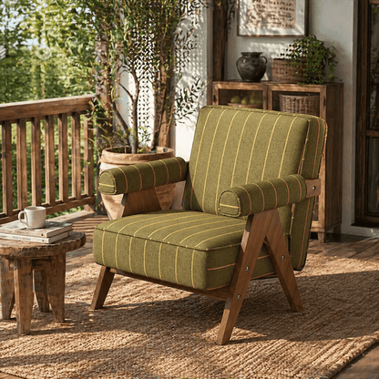 Patterned Accent Chair with Rubberwood Frame — green striped chair beside a window
