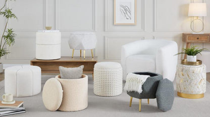 Ivory and Gold Chevron Leather Ottoman — room collection scene with other separately pictured ottomans