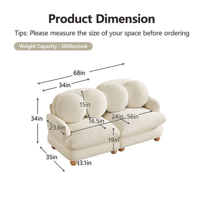 Clover loveseat dimension diagram, 68 by 35 by 34 inches