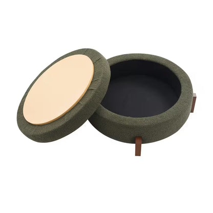 Open olive round ottoman with reversible wood-tone lid