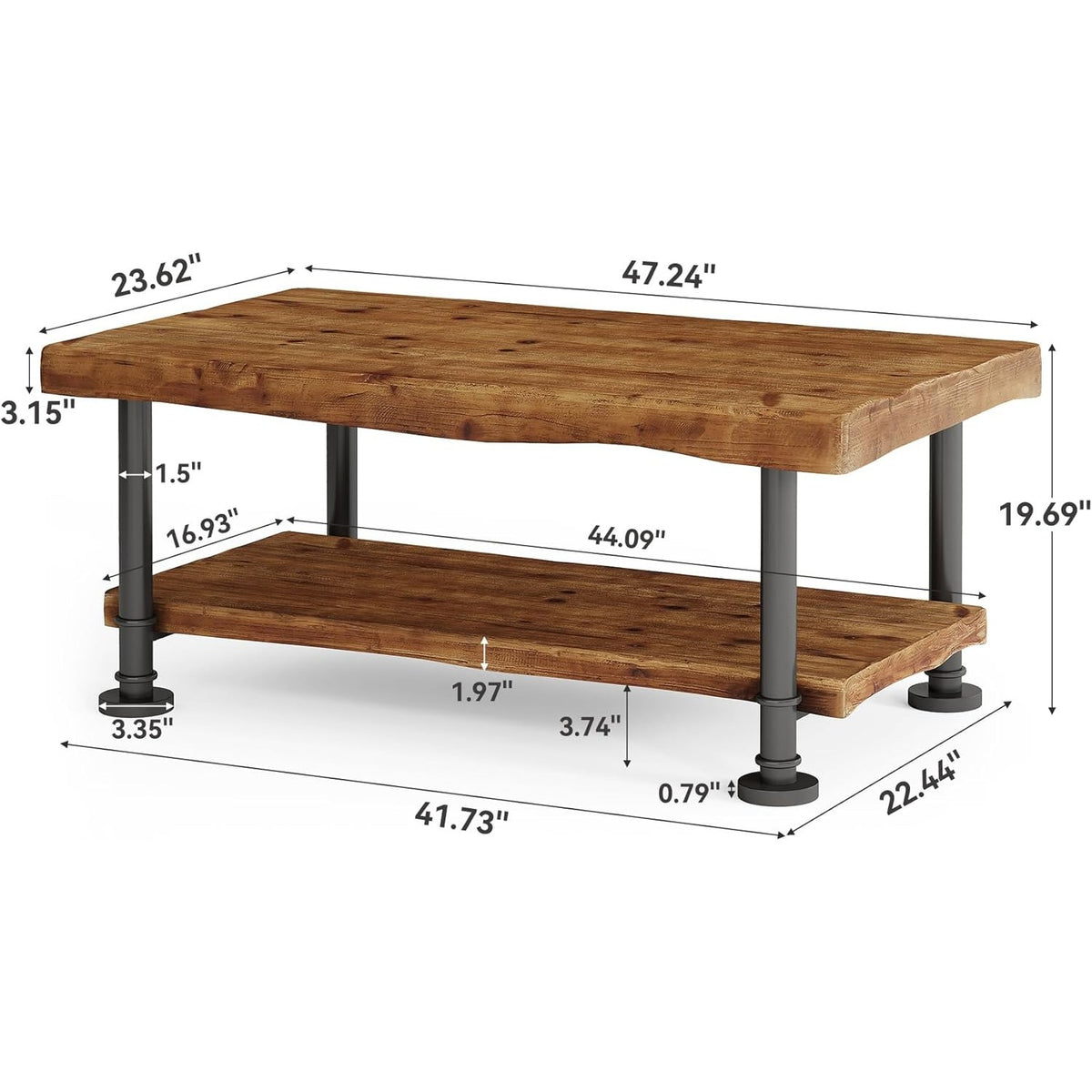 Dimension diagram for 47.24-inch rustic two-tier coffee table