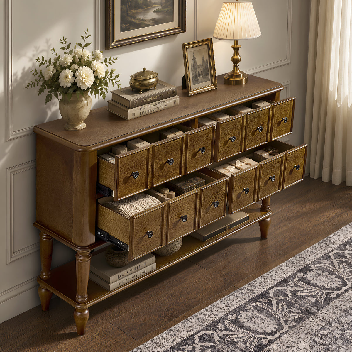 Walnut console with four drawers open, showing divided-look drawer fronts
