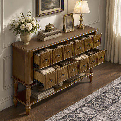 Walnut console with four drawers open, showing divided-look drawer fronts