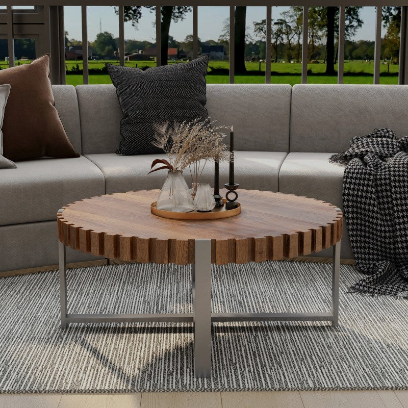 Round wood-look coffee table with notched edge and open cross base