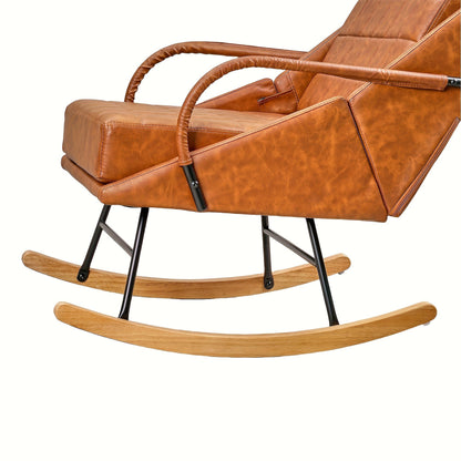 Brown high back grid stitched rocking chair with wood runners and a black metal support frame