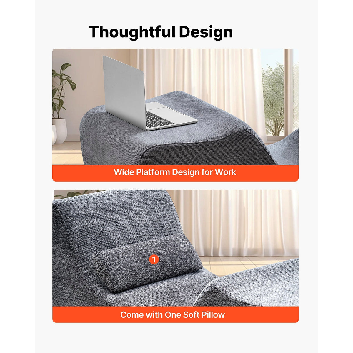 Gray fabric foam yoga chaise with a lumbar pillow