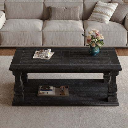 Black rectangular farmhouse coffee table with baluster legs and an open lower shelf