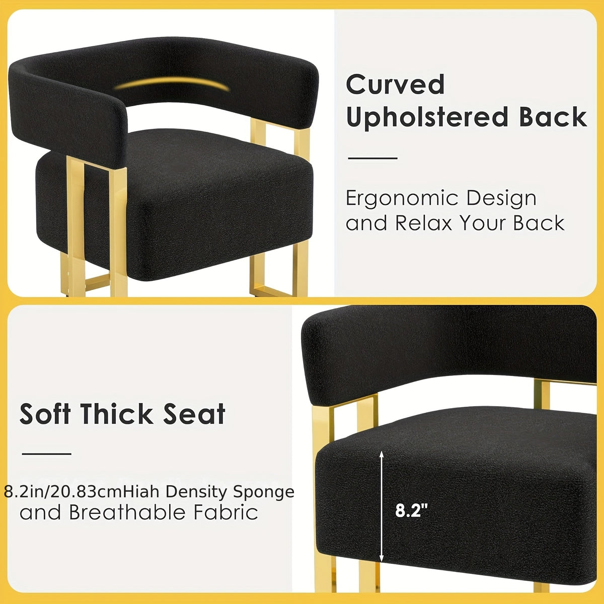 Cutout-Back Accent Chair with Gold-Tone Base — curved back and thick seat cushion details