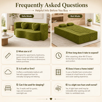 Supplier FAQ graphic showing the green loveseat in sofa and bed modes