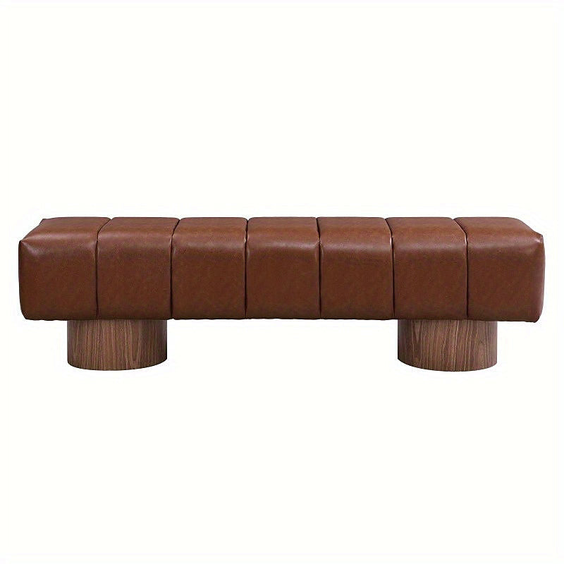 Front view of the brown channel-stitched bench and two pedestal supports
