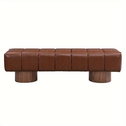 Front view of the brown channel-stitched bench and two pedestal supports