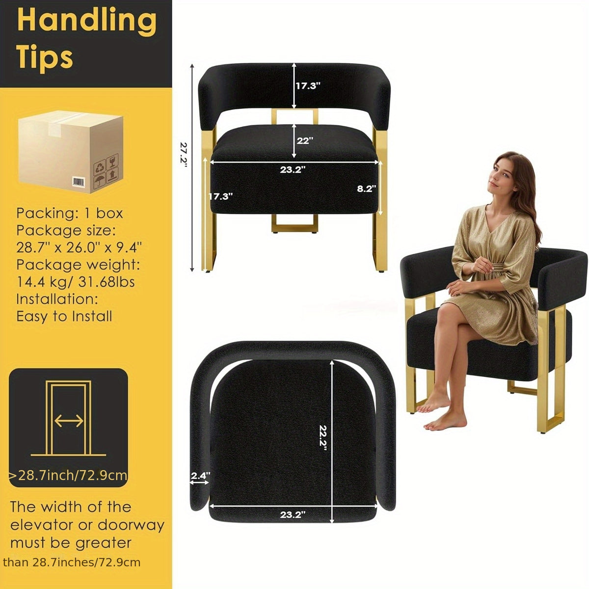 Cutout-Back Accent Chair with Gold-Tone Base — chair dimensions and handling illustration