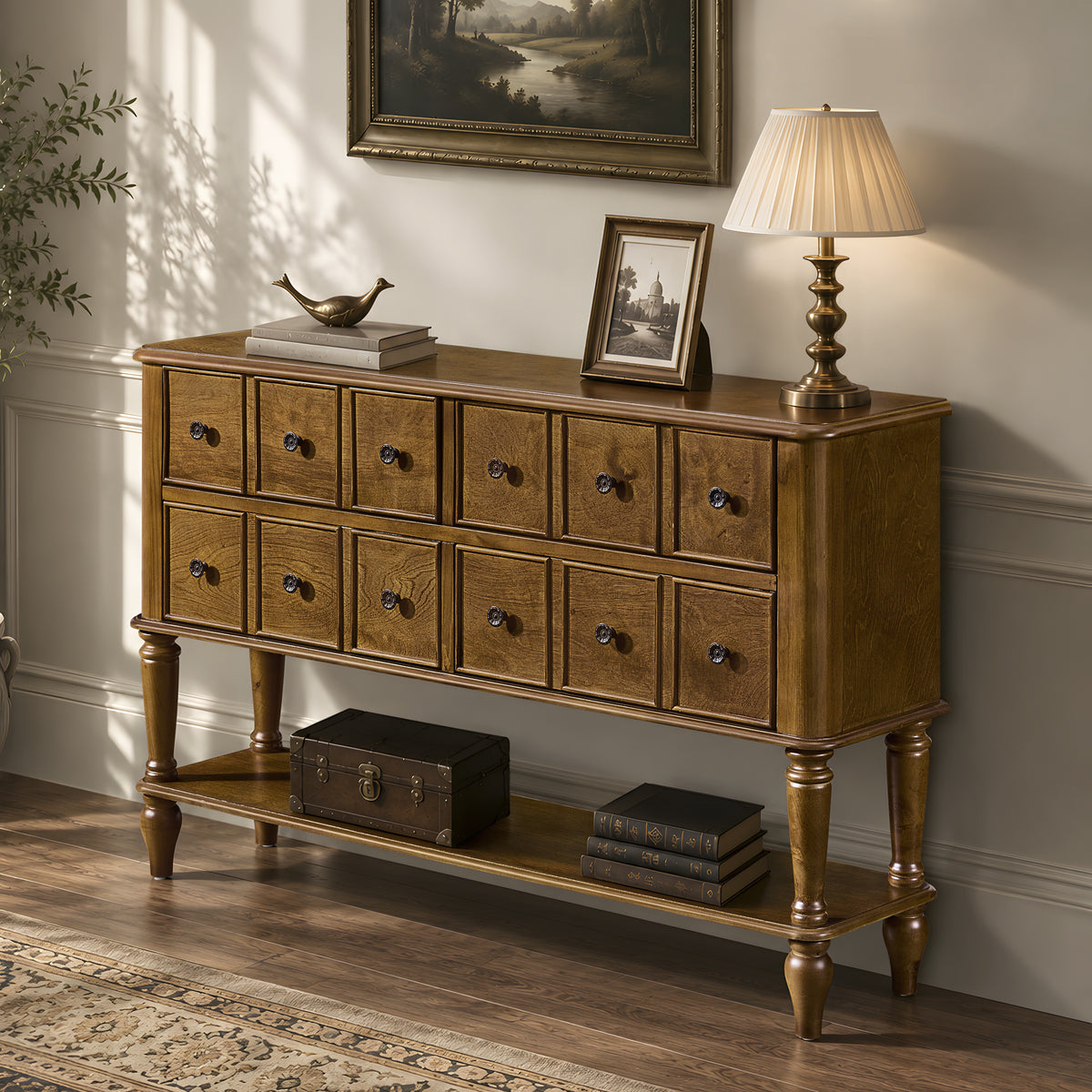 Angled room view of the walnut four-drawer console and open display shelf