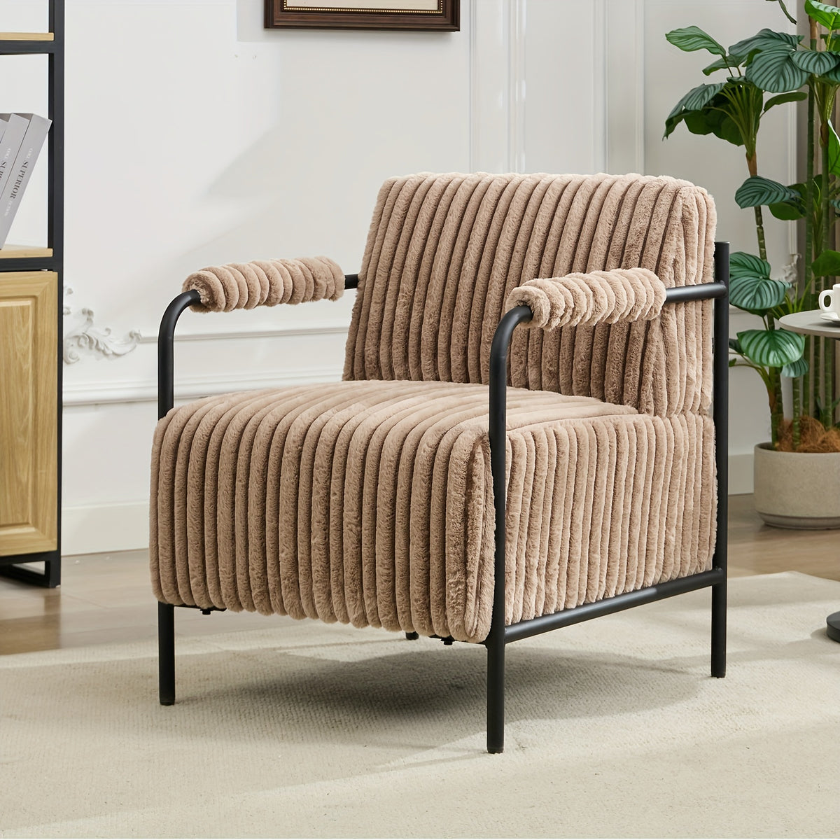 Ribbed Accent Chair with Adjustable Foot Pads — light brown chair viewed at an angle