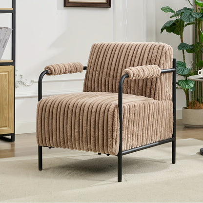 Ribbed Accent Chair with Adjustable Foot Pads — light brown chair viewed at an angle