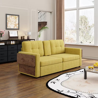 Chenille Storage Loveseat with Side Tables — side tables folded against the arms.