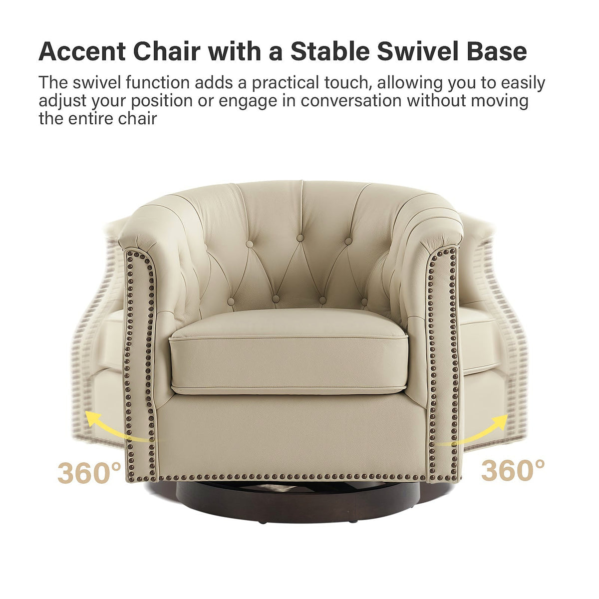 White genuine leather Chesterfield swivel rocking armchair with rolled arms