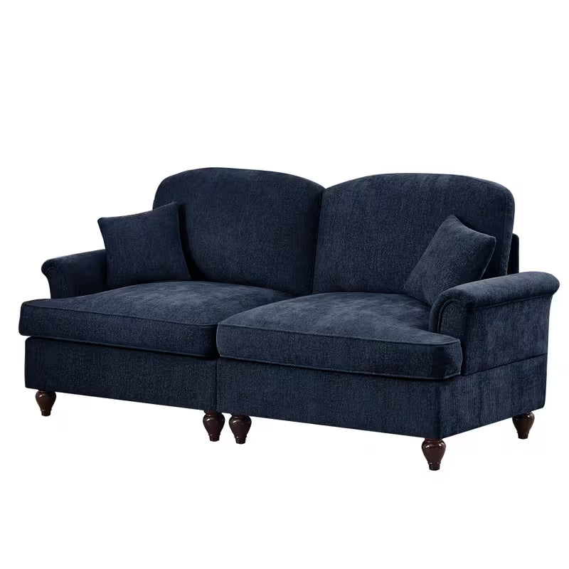 Navy Chenille Loveseat with Ruffled Skirt — product view with skirt removed.