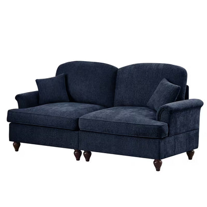 Navy Chenille Loveseat with Ruffled Skirt — product view with skirt removed.