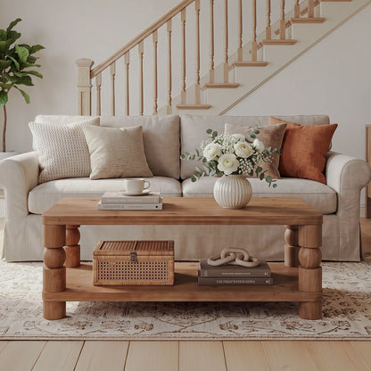 Front view of brown two-tier coffee table beside a sofa