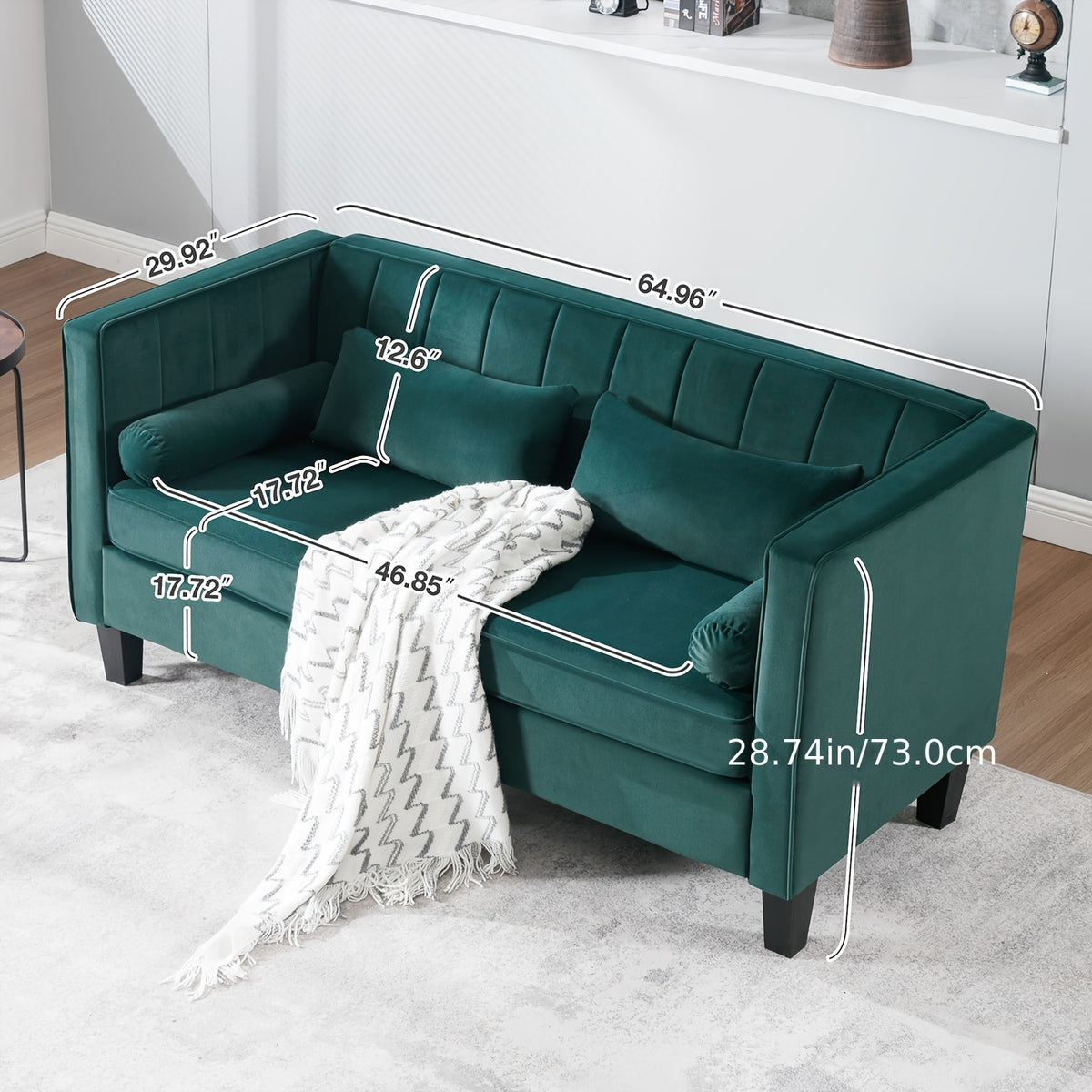 Cohaven Velvet Loveseat with Bolster Pillows — green loveseat supplier dimension overlay.