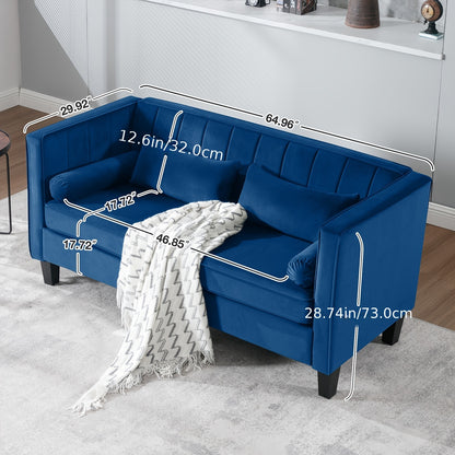 Cohaven Velvet Loveseat with Bolster Pillows — blue loveseat supplier dimension overlay.
