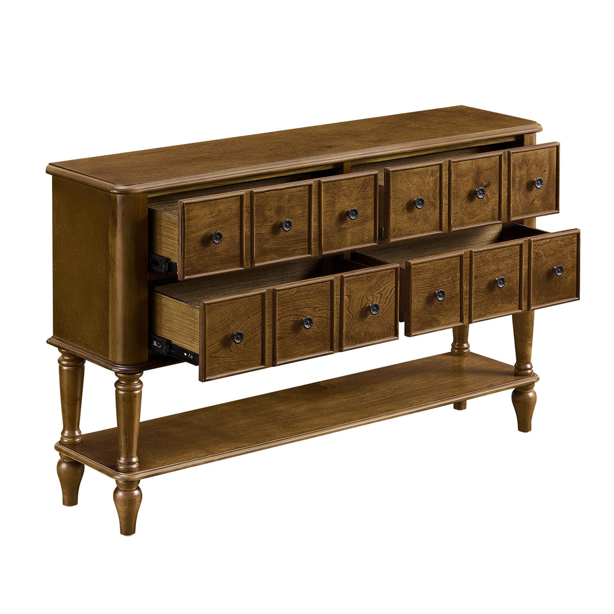 Walnut console on a white background with four drawers open