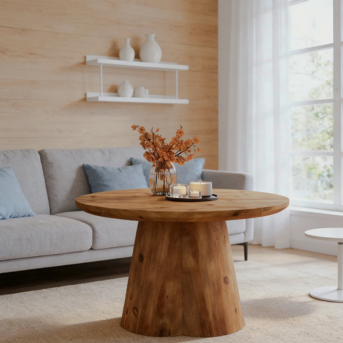 Brown round pedestal coffee table