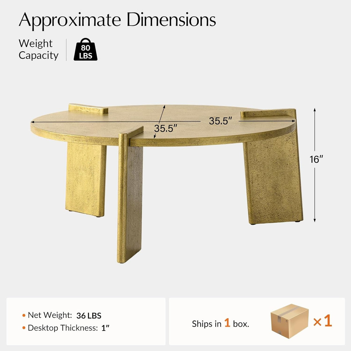Dimension and packaging graphic for the round coffee table with three broad legs