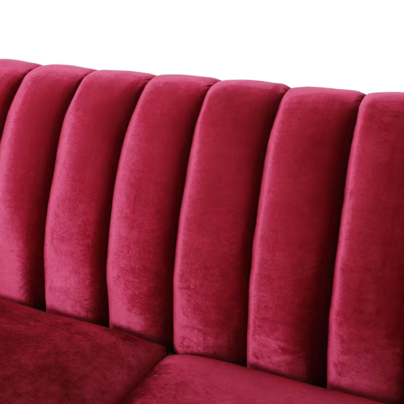 Wine Red Channel-Tufted Sofa — channel-tufted back close-up.