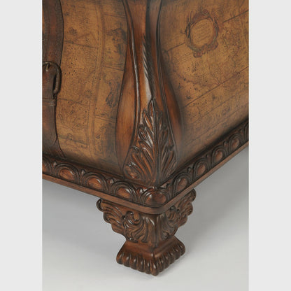 Close-up of ornate corner and foot detail on map coffee table