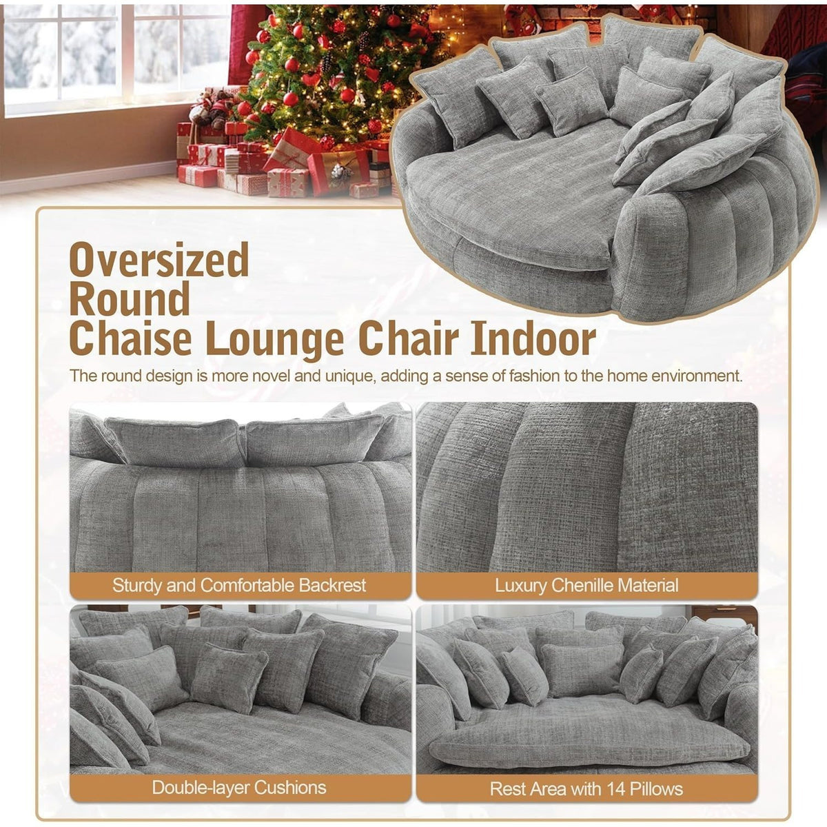 Oversized Round Chenille Lounge Sofa — light grey chenille and pillow detail panel.