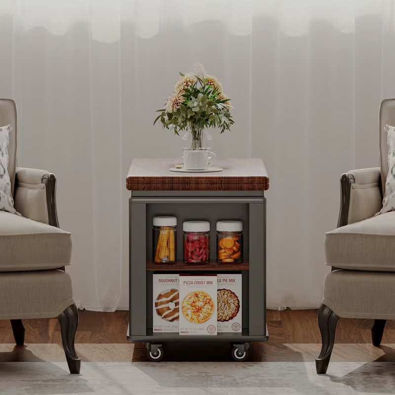 End view of rolling table showing side storage shelves