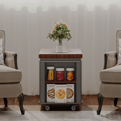 End view of rolling table showing side storage shelves