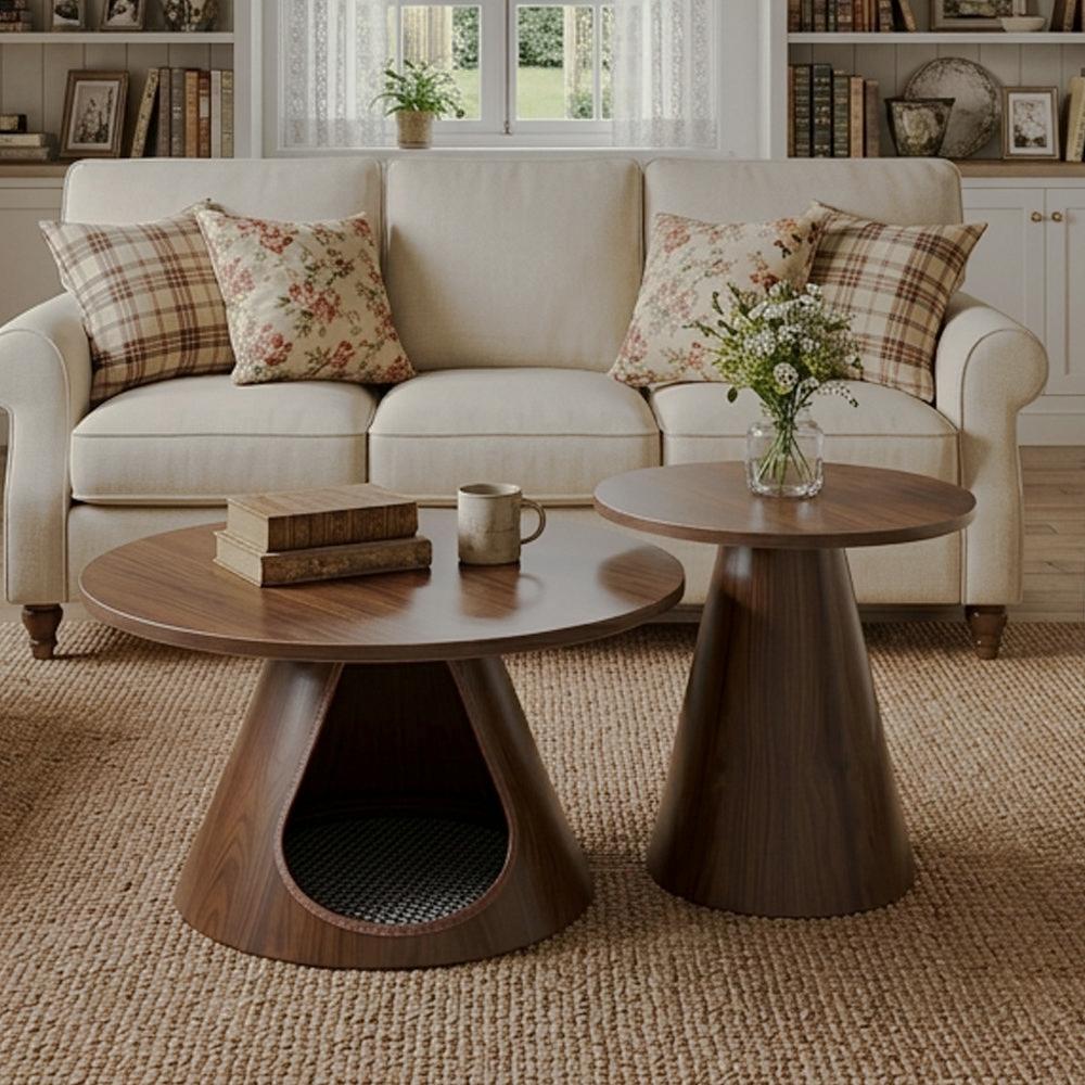 Walnut-Look Nesting Tables with Cat Hideaway, Set of 2