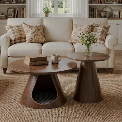 Walnut-Look Nesting Tables with Cat Hideaway, Set of 2