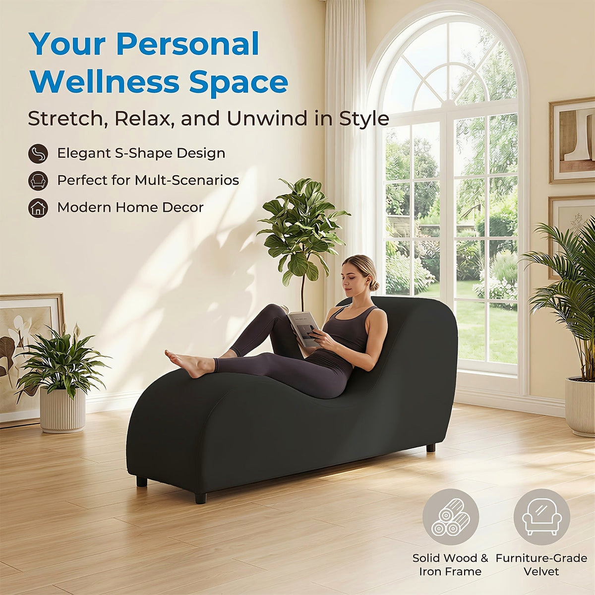Black velvet curved yoga chaise lounge