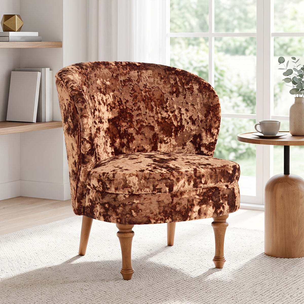 Crushed Velvet Accent Chair with Wood Legs — brown chair three-quarter view.