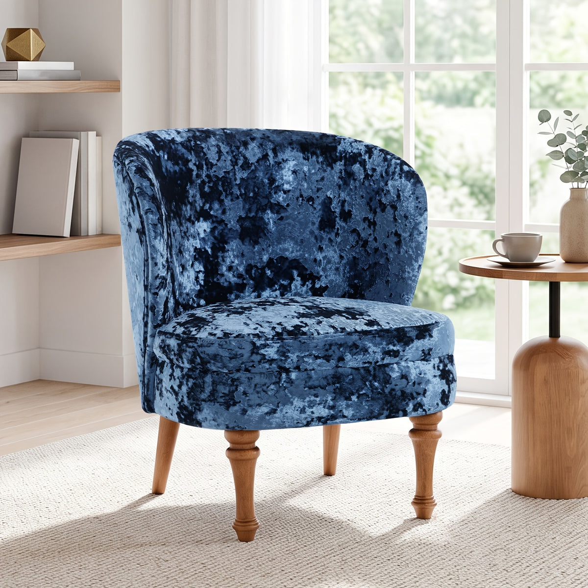 Crushed Velvet Accent Chair with Wood Legs — blue chair three-quarter view.