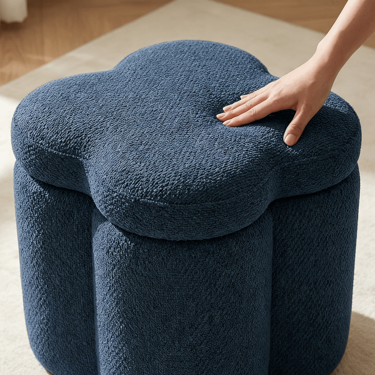 Flower-Petal Chenille Storage Ottoman — navy lid and textured fabric compression close-up
